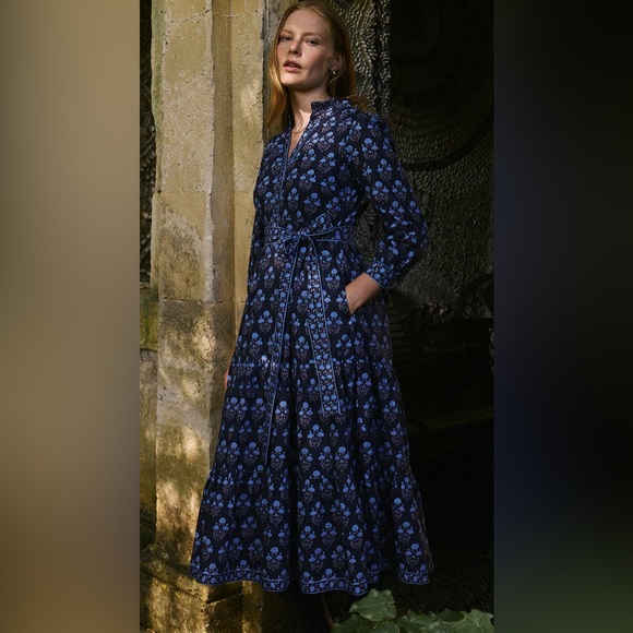 Pink City Prints Navy Dusk Buta Kerala Button Down Dress, Size Medium - Picture 1 of 16